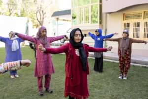 practicing yoga and fitness
