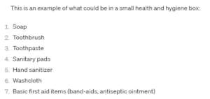 Example list of small Health and Hygiene kit