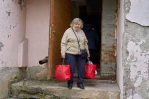 Aid distribution in a village near Kharkiv