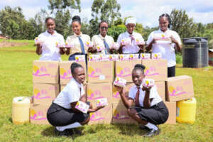 Girls with cases of pads