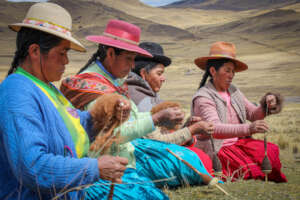 Community members spool alpaca wool in bofedales