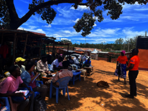 Community volunteers raising awareness (in orange)