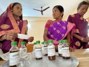 Bottling Neemola oil at the JRP office in Daspalla