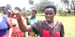 This farmer saws off a straw berry fruit she found