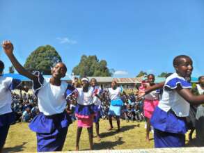 Celebrating opening of new latrines at school
