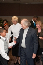 Esquivel meeting a PeaceJam Juniors student