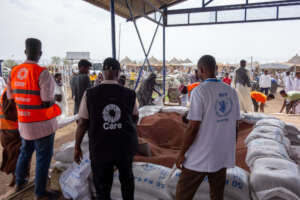 Humanitarian workers during a food distribution