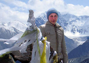 Nadya at pass overlooking sacred Mt. Belukha