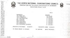 A Sample KCSE results Slip