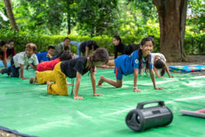 Students practicing yoga