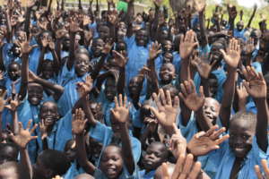 Students receiving nets