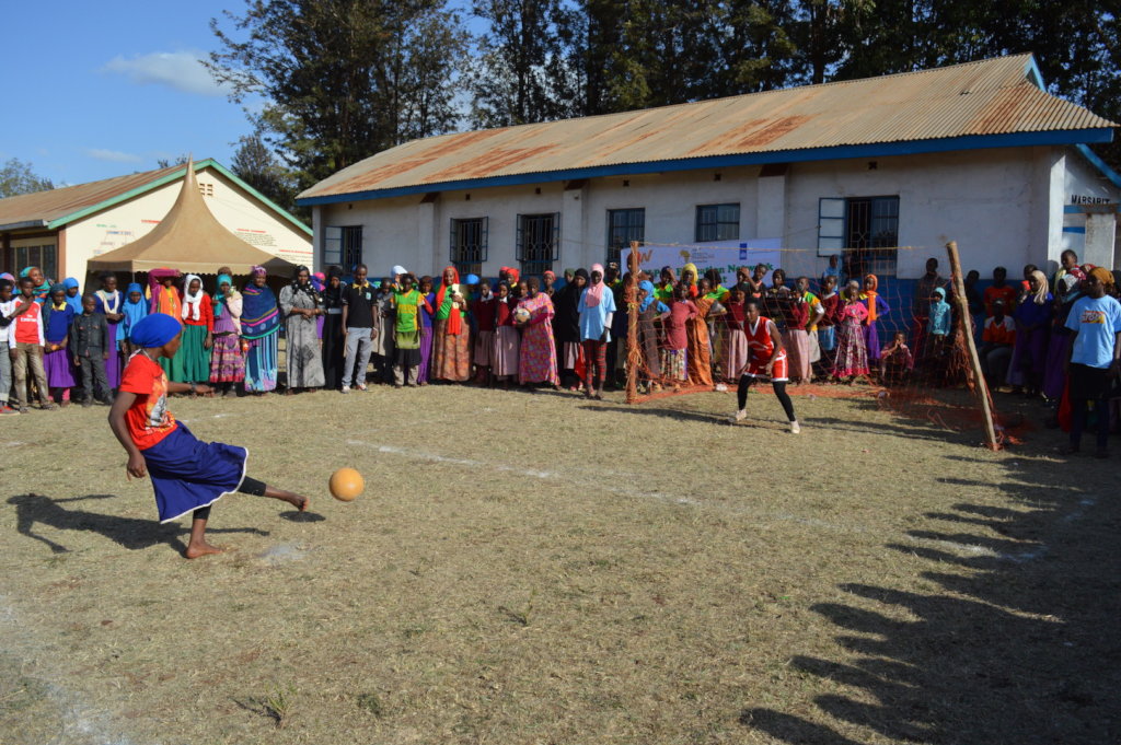 A girl shooting penalty