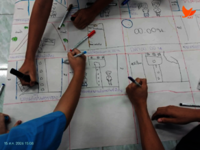 Students making a storyboard.