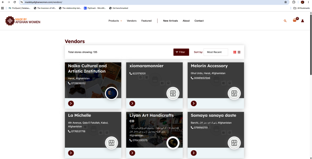 Screenshot of Vendors on Madebyafghanwomen.com