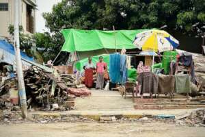 Evacuees living in tents