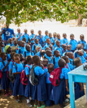 Students standing outside the school