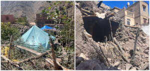 Tents among destroyed homes in Aroumd