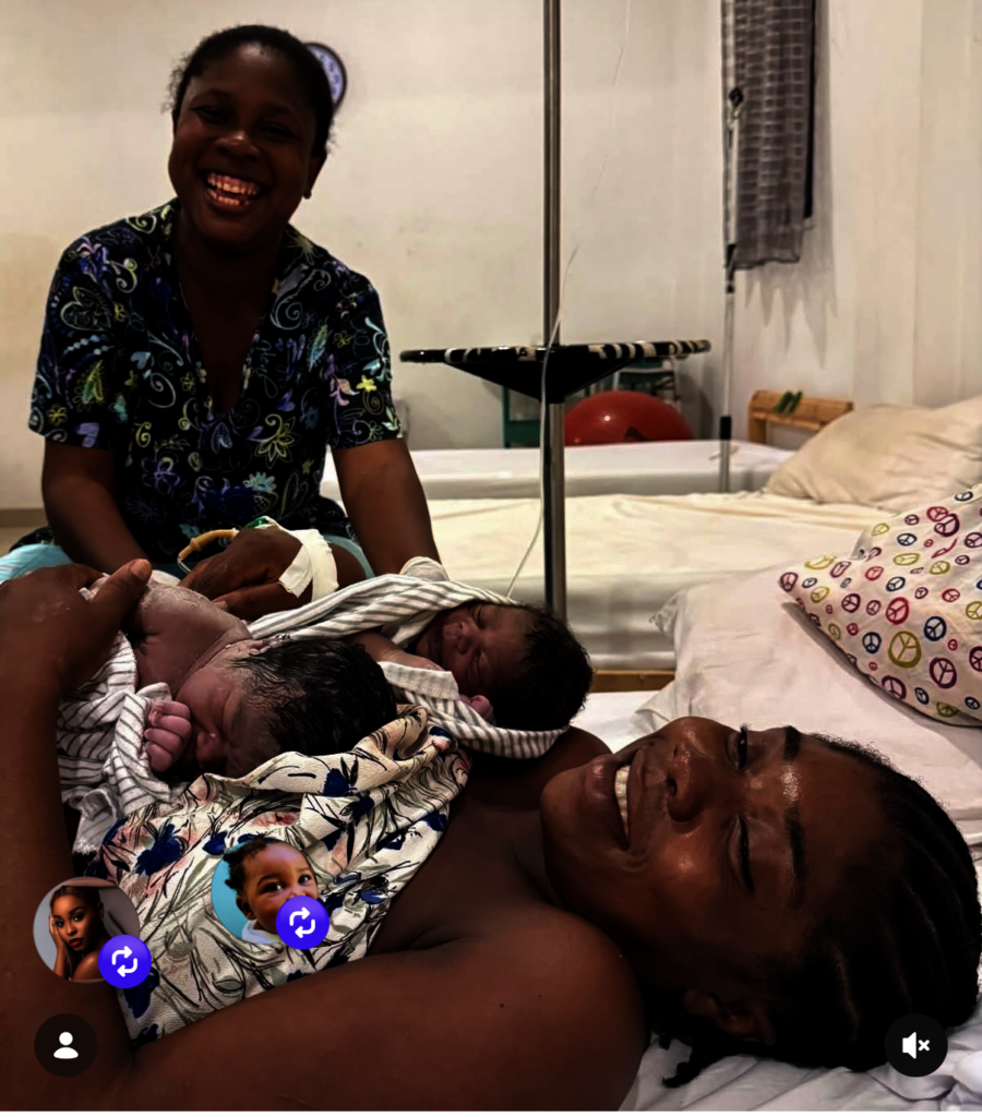 Midwife, mother and twins