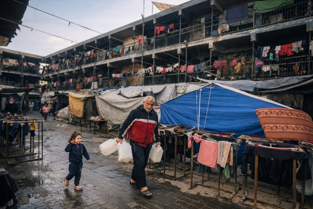 Gaza family members walk to collect water