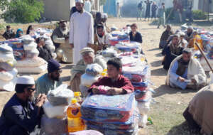 Visually impaired survivors during a distribution