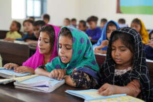 Students study at the new school in Pakistan.