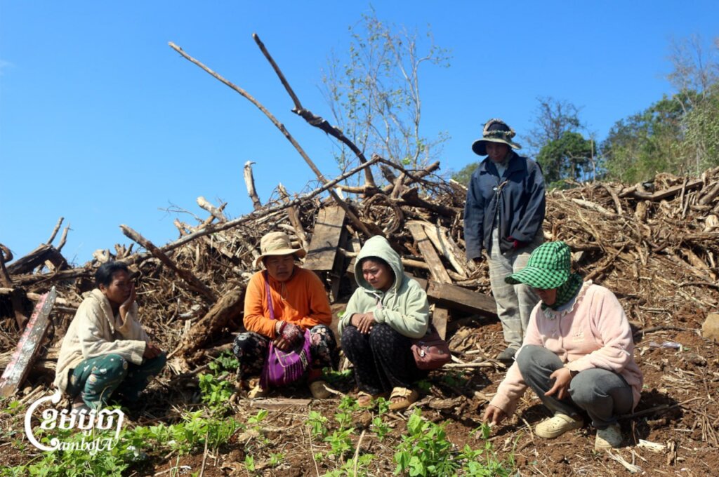 Villagers sit in front of felled trees and shrine