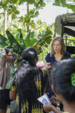 Handing out sanitary products