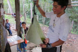 Weighing child on a hanging scale