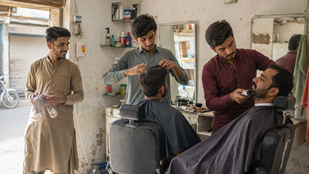 Three young men operating their barbershop