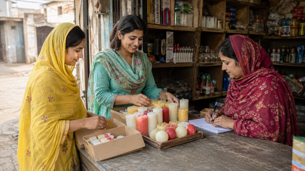 Women supplying handmade candles to a local shop