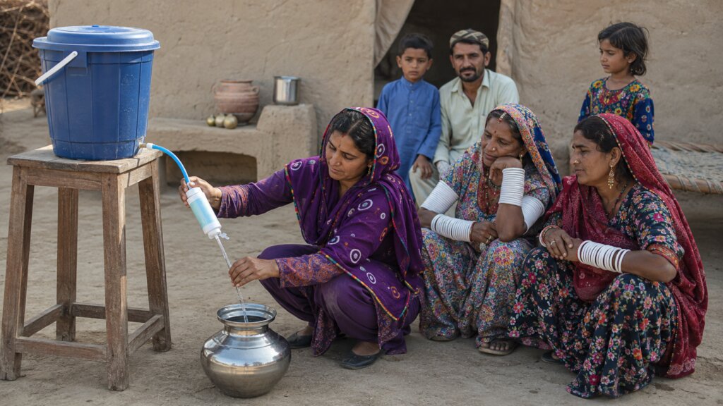 Family training on water filtration