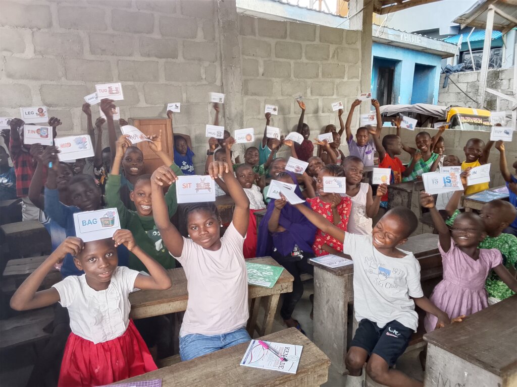Children with flashcards