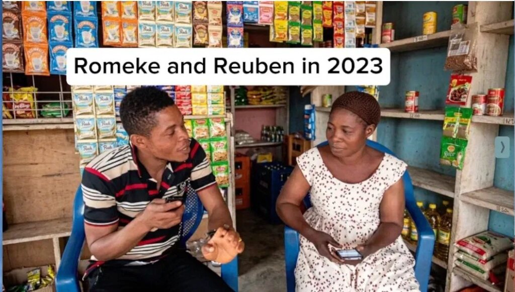 Romoke and Reuben at her shop, 2023