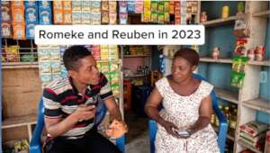 Romoke and Reuben at her shop, 2023