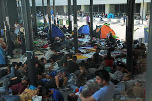 Refugees at a Budapest train station.