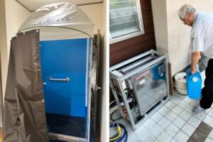 The temporary shower room /A mobile water heater
