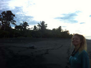 A volunteer with an Olive Ridley turtle at sunrise