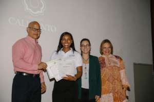 She's happy receiving her certificate