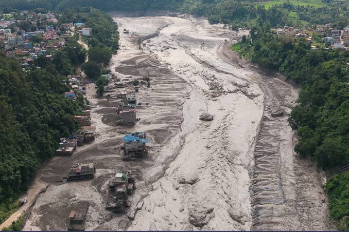 Aerial view of devastating flood damage, Trishuli