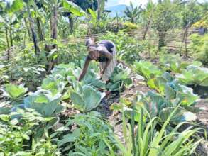 mother in mulched organic garden