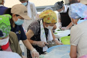 Communal meal following a disaster drill.