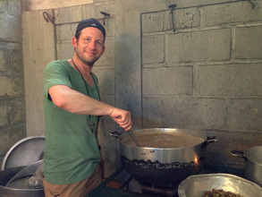 Tom manning the huge pot of gumbo