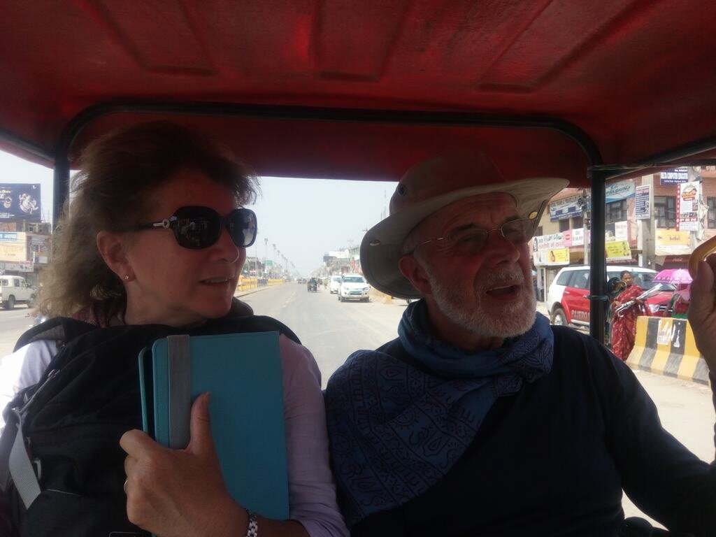 Tony and Sally in a rikshaw at Nepal-Indian border