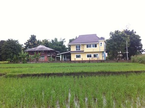 Both classrooms from across the rice field.