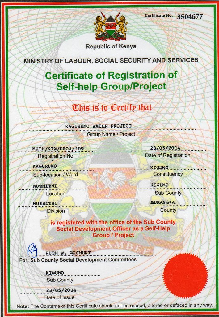 Registration certificate for water project