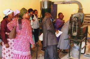 Community members viewing cassava factory