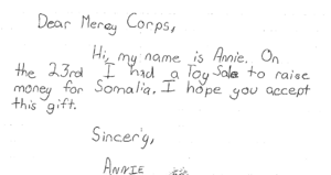 Annie's note to Mercy Corps