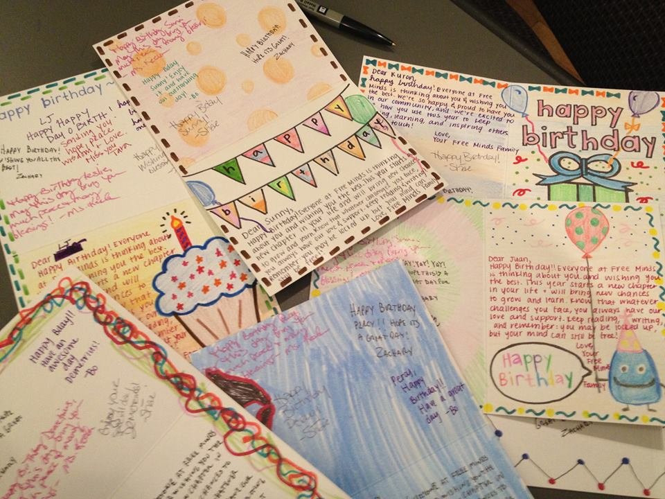 Birthday cards for incarcerated Free Minds members