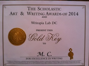 Muquan's "Gold Key" certificate from Scholastic
