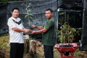 Pak Arifin exchanges tree seedling with ASRI staff